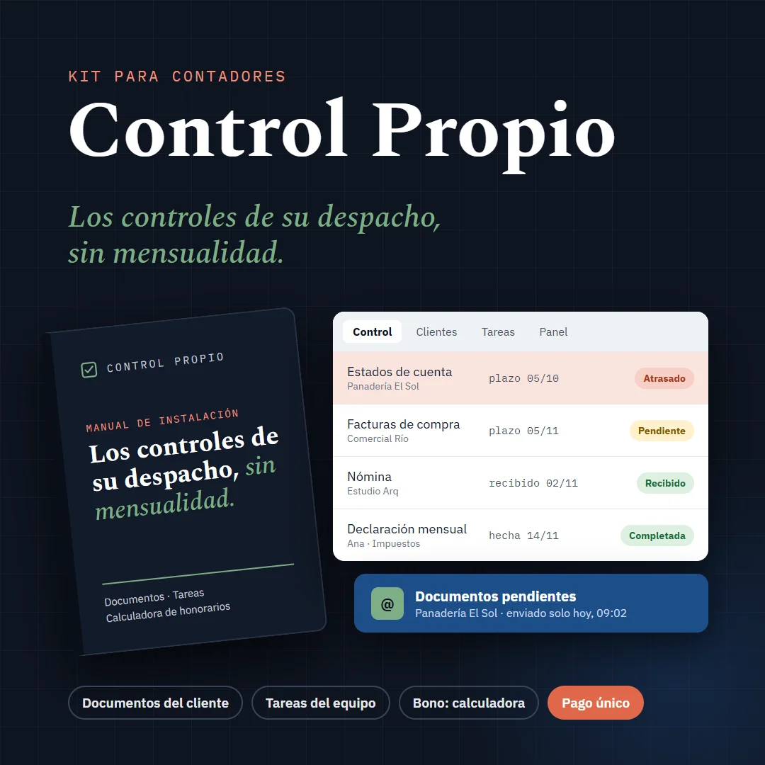 Kit Control Propio: manual de instalación, hoja de control de documentos con pendientes y el correo de recordatorio enviado solo al cliente